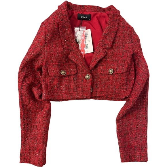 Cider Tops - Cider‎ Red Tweed Crop Top - Notched Collar, Slim Fit, Button Detail, Lined